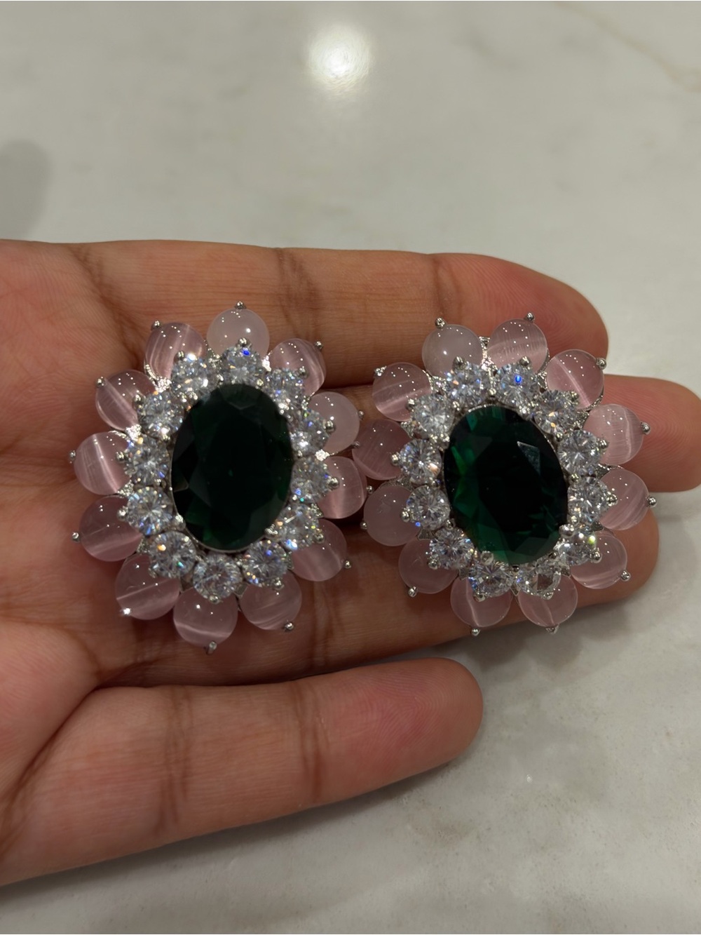 Emerald Green Floral Statement Earrings | Pink Cat Eye Crystal Studs hazoori